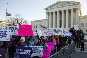 WASHINGTON, DC - MARCH 02:  Pro-choice advocates rally outside of the Supreme Court on March 2, 2016 in Washington, DC.  On Wednesday morning, the Supreme Court will hear oral arguments in the Whole Woman's Health v. Hellerstedt case, where the justices will consider a Texas law requiring that clinic doctors have admitting privileges at local hospitals and that clinics upgrade their facilities to standards similar to hospitals. (Drew Angerer/Getty Images)