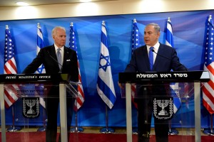 U.S. Vice President Joe Biden (L) stands next to Israeli Prime Minister Benjamin Netanyahu as they deliver joint statements during their meeting in Jerusalem March 9, 2016. REUTERS/Debbie Hill/Pool