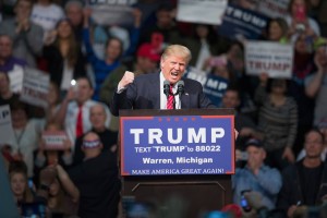 WARREN, MI - MARCH 04:  Republican presidential candidate Donald Trump speaks to guests during a rally at Macomb Community College on March 4, 2016 in Warren, Michigan. Voters in Michigan will go to the polls March 8 for the State's primary.  (Photo by Scott Olson/Getty Images)