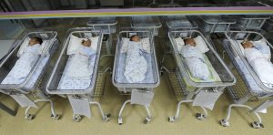 Newborn babies sleep in a ward at a hospital in Hefei