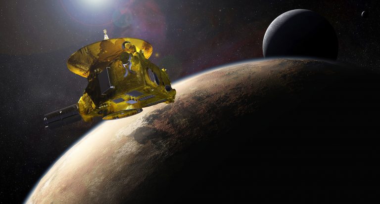 An artist痴 impression of NASA痴 New Horizons spacecraft encountering Pluto and its largest moon