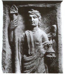 Goddesses in Celtic Religion: Nature and Bounty 74 Detail of the altar from Sarrebourg (Moselle) depicting Nantosuelta with her long staff-house attribute