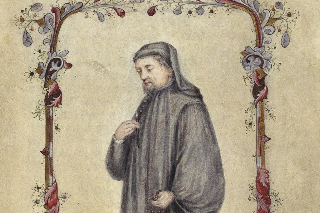 Manuscript illumination of Chaucer and love birds