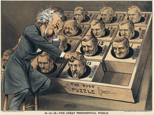 American Politics in the Gilded Age, 1870-1900 37 This cartoon shows Roscoe Conkling playing a popular puzzle game of the day with the heads of potential Republican presidential candidates, illustrating his control over the picks of the party.