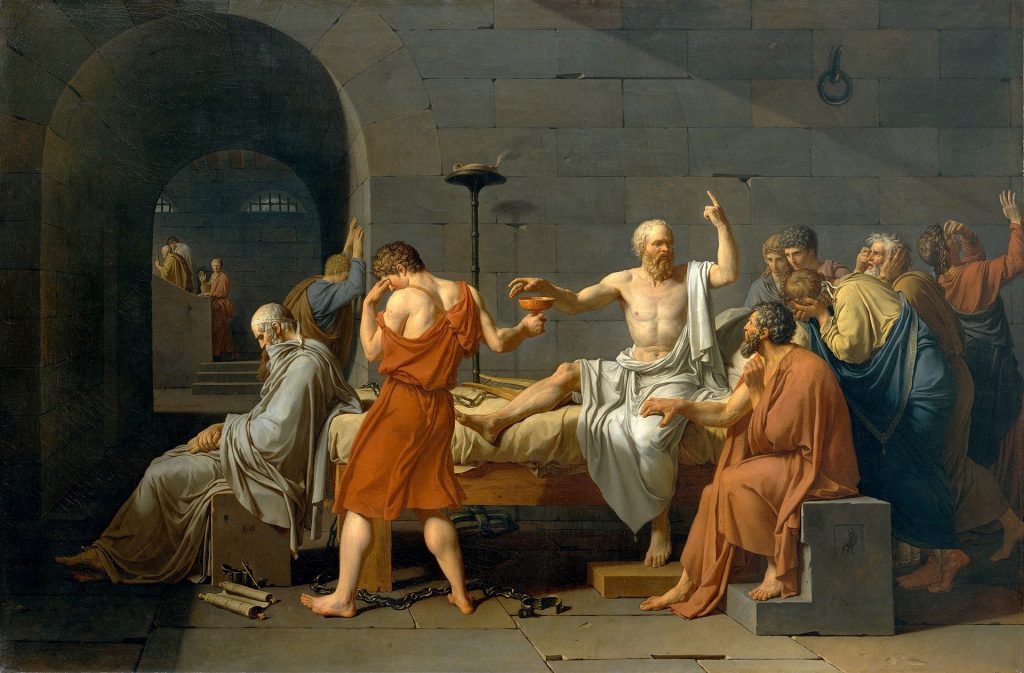 The Death of Socrates (1787) depicting the philosopher about to drink the hemlock in his jail cell