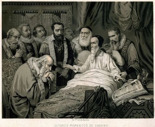 John Calvin on his deathbed in 1564, from a 19th-century engraving
