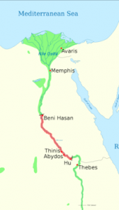 This map shows the possible extent of power of the Abydos Dynasty (in red).