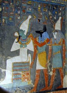 This wall painting shows, from left to right, the gods Osiris, Anubis and Horus.