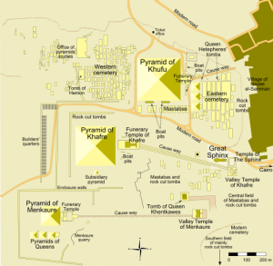 A map showing the layout of the Giza Pyramid area, including the Pyramids of Khufu, Khafre, Menkaure, and the Great Sphinx