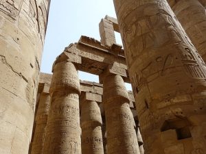 This view of the Temple of Karnak shows they hypostyle hall, with massive columns.
