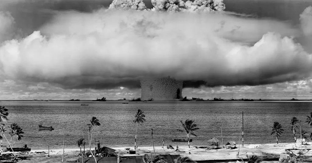 The “Baker” explosion, part of Operation Crossroads, a nuclear weapon test by the United States military at Bikini Atoll