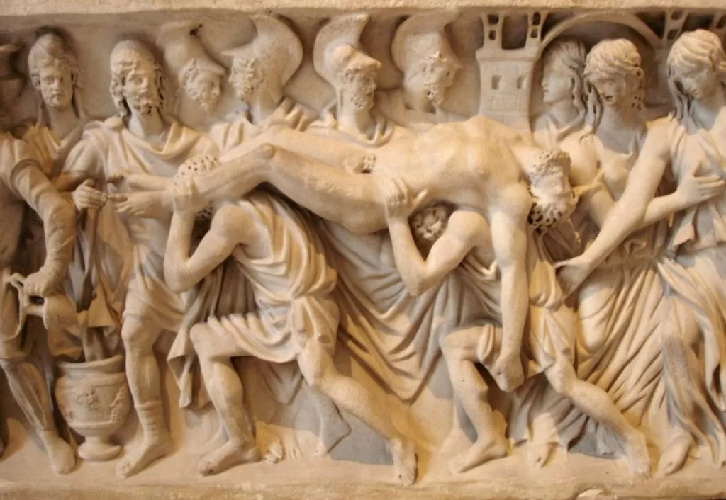 Hector brought back to Troy, from a Roman sarcophagus of c. 180–200 CE