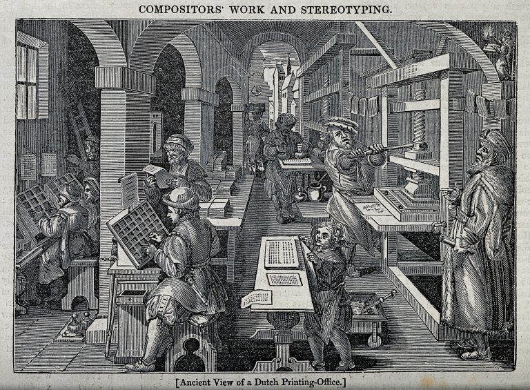 V0023786 Men working at a printing press, proofing copy, inking, and