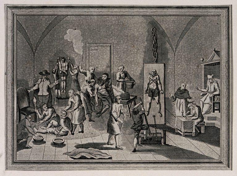 The Spanish Inquisition: Forced Belief and Worship Methodology 36 V0041650 The inside of a jail of the Spanish Inquisition, with a prie