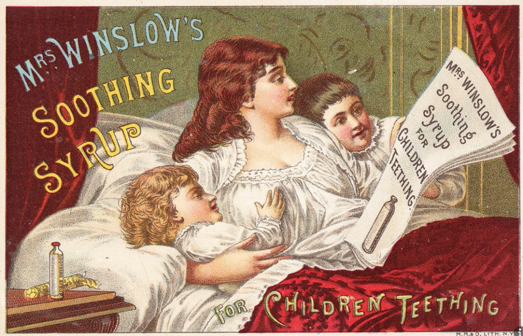 Advertising for Mrs Winslow’s Soothing Syrup focused on domesticity and happy families