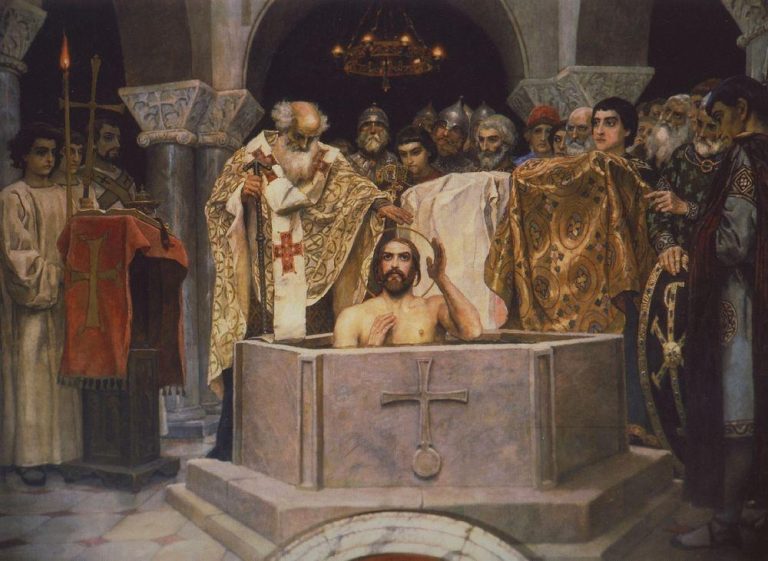 Vladimir I Converting to Christianity: A 19th century CE fresco by Viktor Mikhailovich Vasnetsov in kieve depicting the baptism of the Kievan Rus leader Saint Prince Vladimir (r. 980-1015 CE)