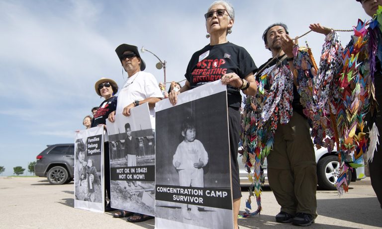 Japanese Americans Protest Against The Incarceration Of Migrant Children At Site Of WWII Internment Camp