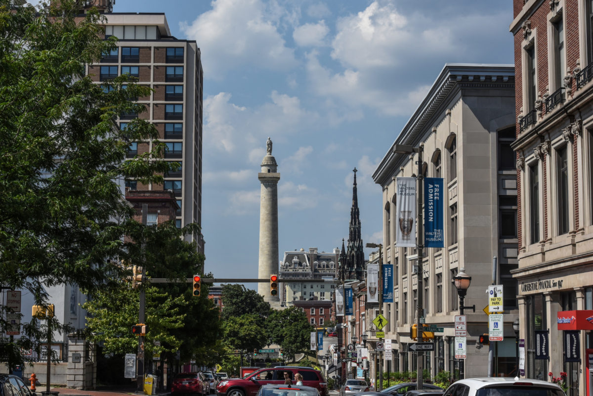 The Washington Monument is seen in Baltimore, Maryland
