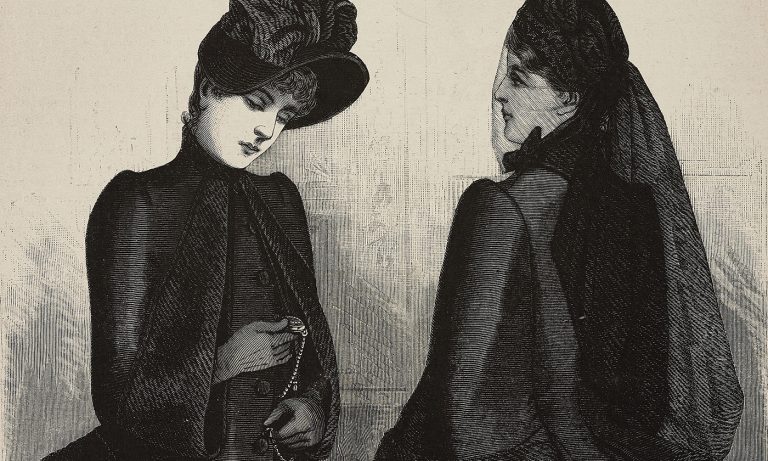 Women wearing overcoats and mourning hats
