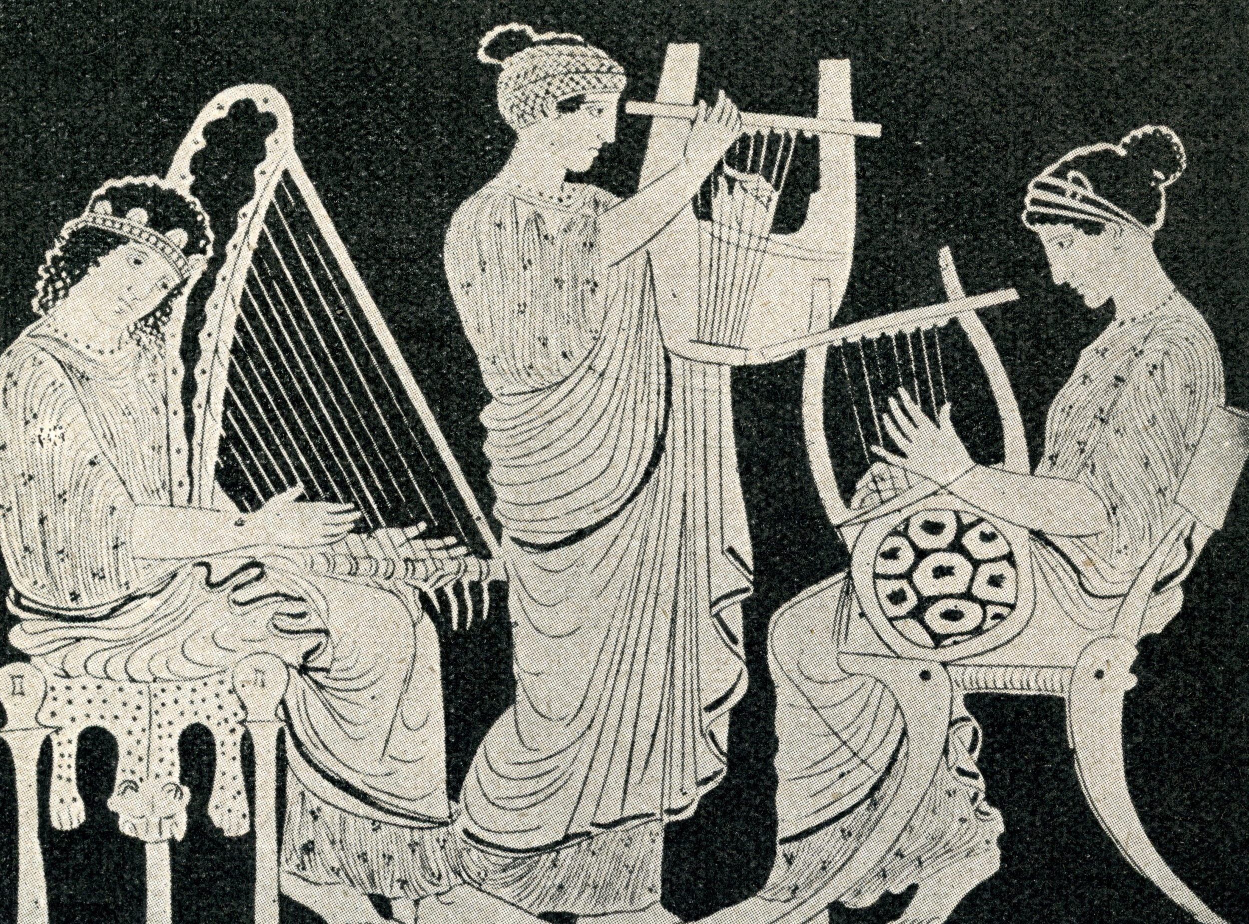 Песня история игры. Кифара древней Греции. Музыканты древней Греции с арфой.
