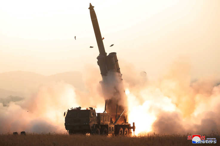 The apparent launching of projectiles is seen in this undated picture released by KCNA