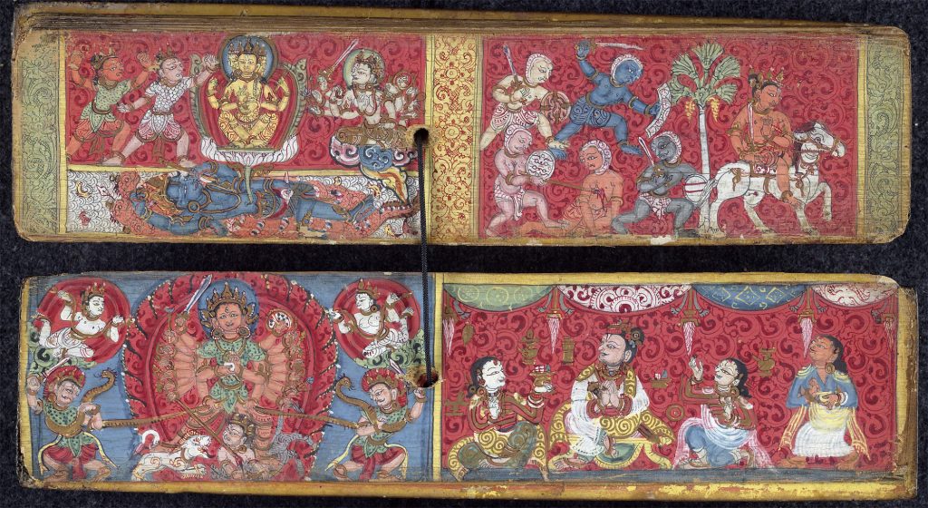 Vedas and More: A History of Sacred Texts in Hinduism 18 Devi Mahatmya: Upper folio left: the god Brahmā asking Devī to wake the reclining Vishnu from his slumber so that he may kill the demons Madhu and Kaitabha. Upper folio right: King Suratha after being deposed retires to the forest where he becomes a fervent devotee of the Goddess. Lower folio left: the Goddess. Lower folio right, the patron and his family.