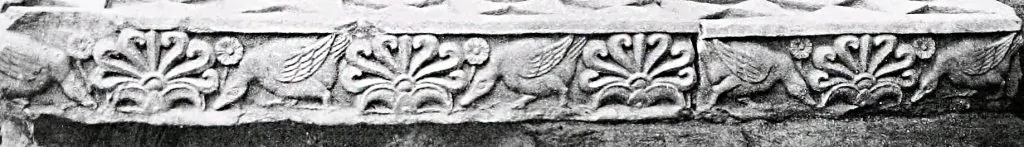 Goose and palmette motif. Diamond throne at excavation
