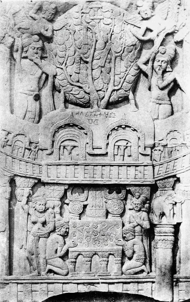 Bharhut relief with Diamond throne and Mahabodhi Temple around the Boddhi Tree
