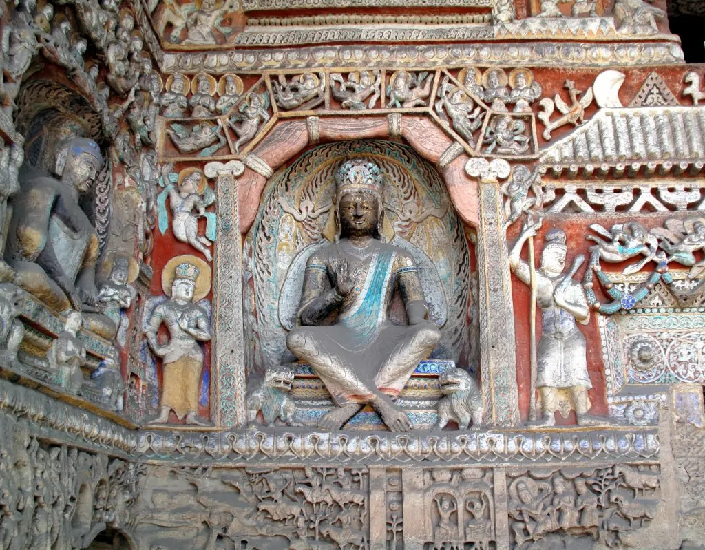 The cross-legged Bodhisattva Maitreya, on the east wall of the antechamber of Cave 9, phase II, Yungang Grottoes, Datong, Chin