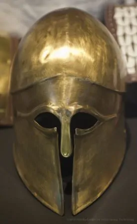A reproduction of a Corinthian-style bronze helmet dating from the third century B.C.E., on display at the Colosseum Museum in Rome