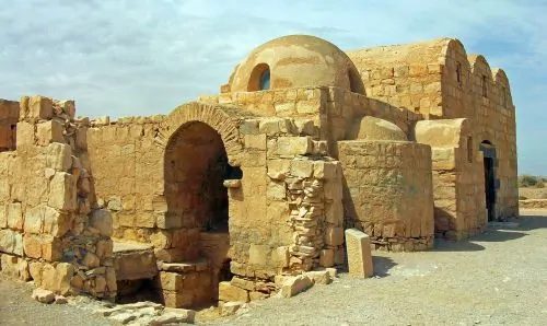 East (front) elevation and portion of south side of Qusayr ʿAmra, Jordan, c.730s