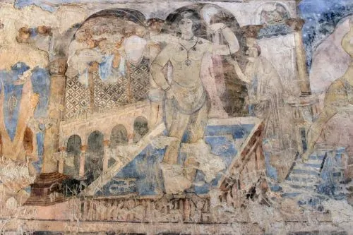 Bathing scene on west wall of west aisle of audience hall, Qusayr ʿAmra, Jordan, c. 730s
