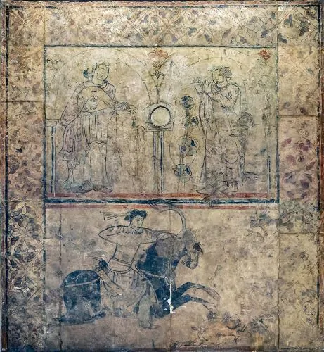 Musicians and a hunter on horseback, floor panel found at Qasr al-Hayr al-Gharbi,, floor panel found at Qasr al-Hayr al-Gharbi, Syria, 727