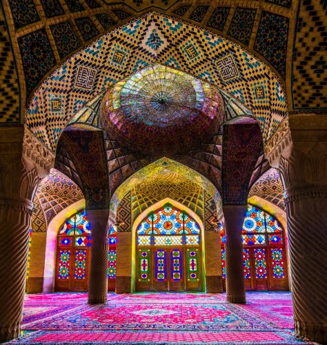 Seven-Colored ('Haft Rang') Tiles of Ancient and Medieval Persia 14 An interior view of the Nasir al-Mulk (Nasir-ol-Molk) Mosque, also known as the Pink Mosque, in Shiraz (Iran)