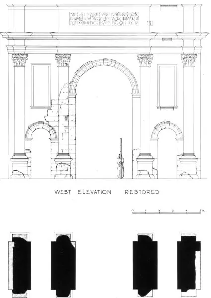 Roman triumphal arch with Latin inscription found outside the city walls