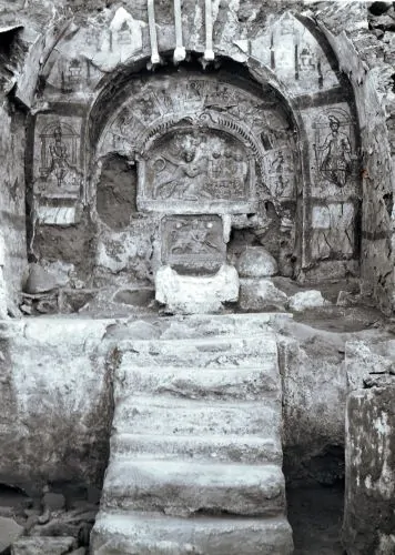 Interior of west end of Mithraeum during excavation