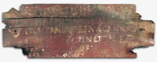 Latin inscription, painted on a wooden plaque, found in the Palmyrene gate, reading “To Septimius Lysias Strategos of Dura and the wife of the one mentioned above, Nathis, and their children Lysianius and Mecannaea, and Apollophanes and Thiridates, From the Beneficiarii and Decurions of the Cohort,” 3rd century C.E.