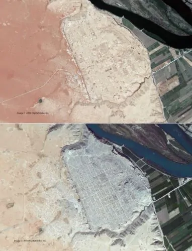 Satellite imagery before (top) and after episodes of heavy looting (bottom)