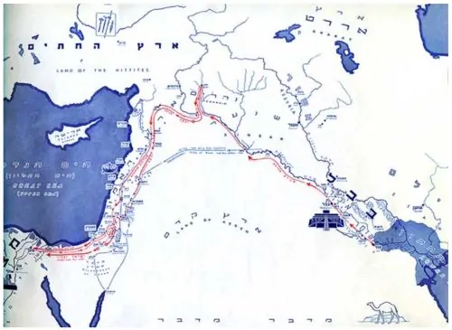 Map showing the traditional route of patriarchal travel from Genesis in the 1942 The Graphic Historical Atlas of Palestine