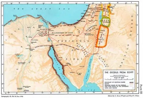 Map of the projected routes of the Exodus in the 1952 edition of the Westminster Bible Atlas