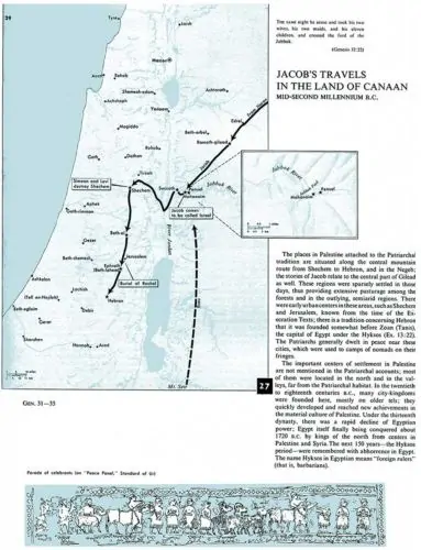 Map of the tradition of Jacob’s travels in Canaan, with the Standard of Ur illustration, from the 1968 edition of the Macmillan Bible Atlas
