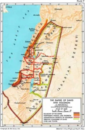 Map in the 1952 edition of the Westminster Bible Atlas showing the territory of the Davidic and Solomonic Empire in the tenth century B.C.E.
