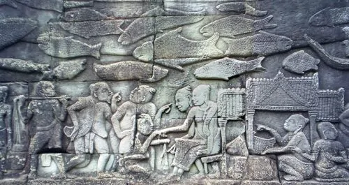 Scene showing a marketplace and fortune telling, bas-relief, Bayon, Angkor Thom