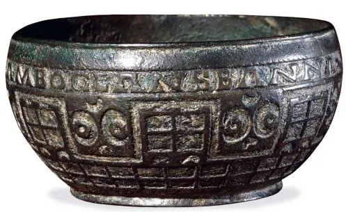 Electrotype copy of vessel showing Hadrian’s Wall; the copper alloy original was found at Rudge Coppice, England, in 1725