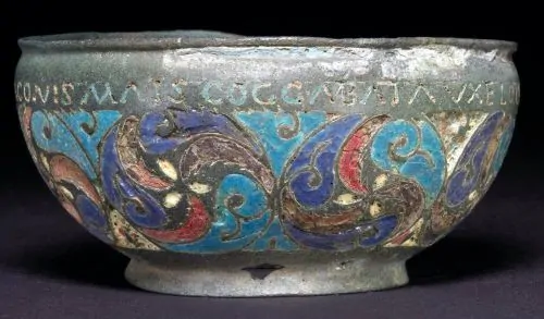 Copper alloy vessel with preserved enamel, mid-2nd century, found in Staffordshire Moorlands, England