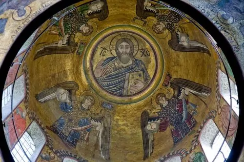 Christ Pantokrator surrounded by angels, and below apostles and the four evangelists, Dome mosaics, St. Sophia, Kyiv, begun 1037