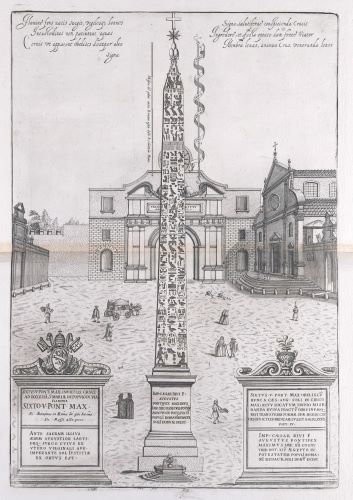 Obelisks: Reaching for the Sky in Ancient Roman Architecture 29 The obelisk in the Piazza del Popolo, seen from the north, with ornate boxes of text describing Pope Sixtus V’s rededication