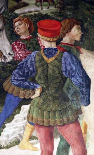 Benozzo Gozzoli, detail of a figure with gold leaf applied to the sleeves of his blue shirt, south wall, Magi Chapel, 1459, Medici Palace
