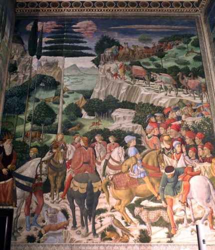 Melchior, the oldest king, on the far left, and a figure in the center may be the young Giuliano de’ Medici. Benozzo Gozzoli, Procession of the Oldest King, Melchior, west wall, Magi Chapel, 1459, Medici Palace