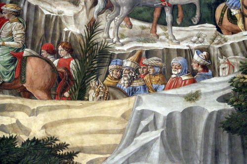 Benozzo Gozzoli, in the middle ground figures wear Ottoman inspired clothing and accessories (detail), west wall, Magi Chapel, 1459, Medici Palace
